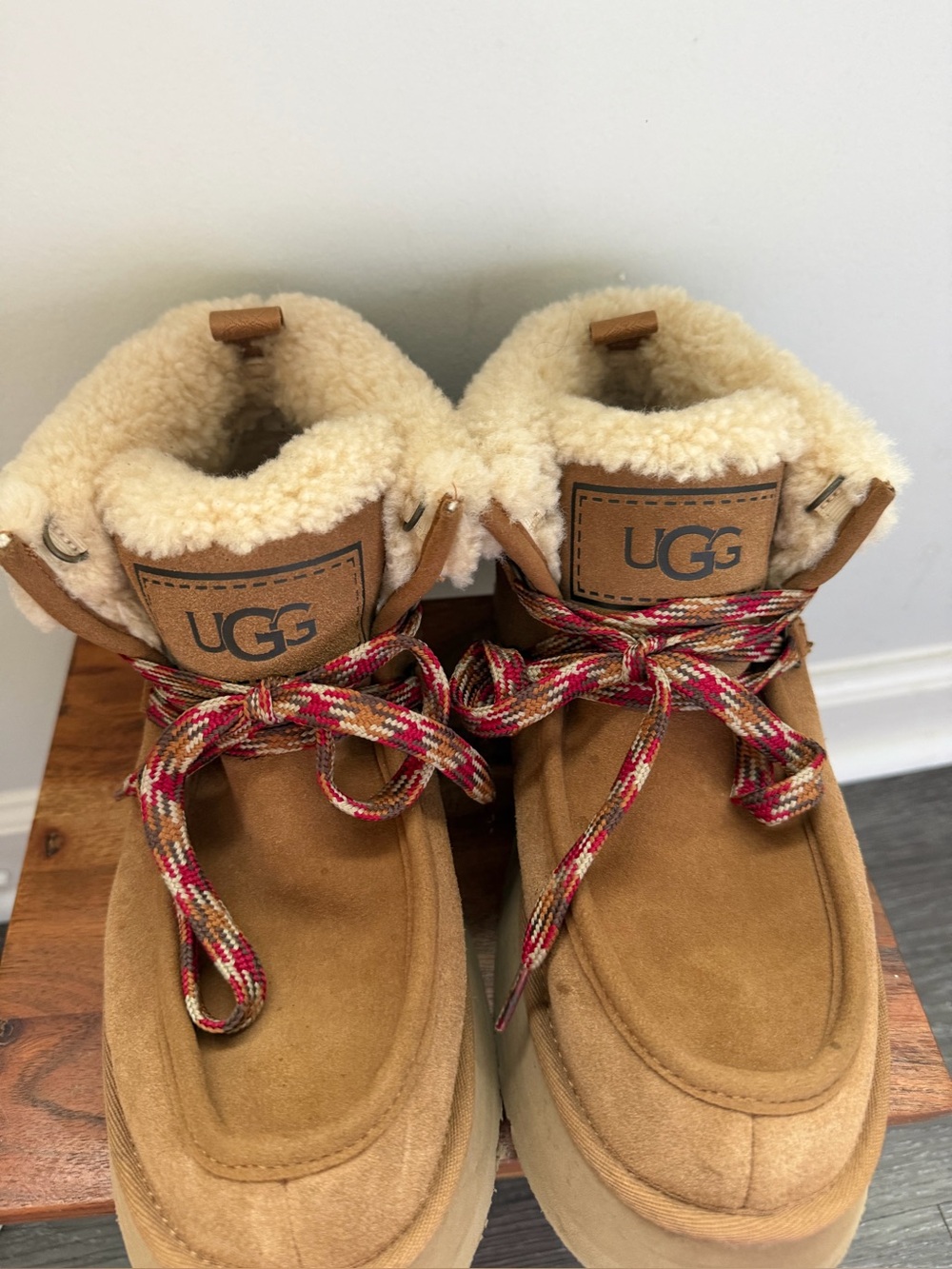 UGG Chestnut Suede Shearling-Lined Ankle Boots with Red Accent Laces